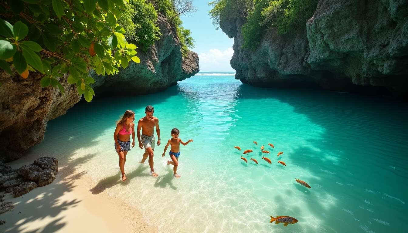 A hidden Caribbean beach surrounded by lush greenery, far beyond crowded resorts, showcasing the region's local charm and unforgettable natural gems.