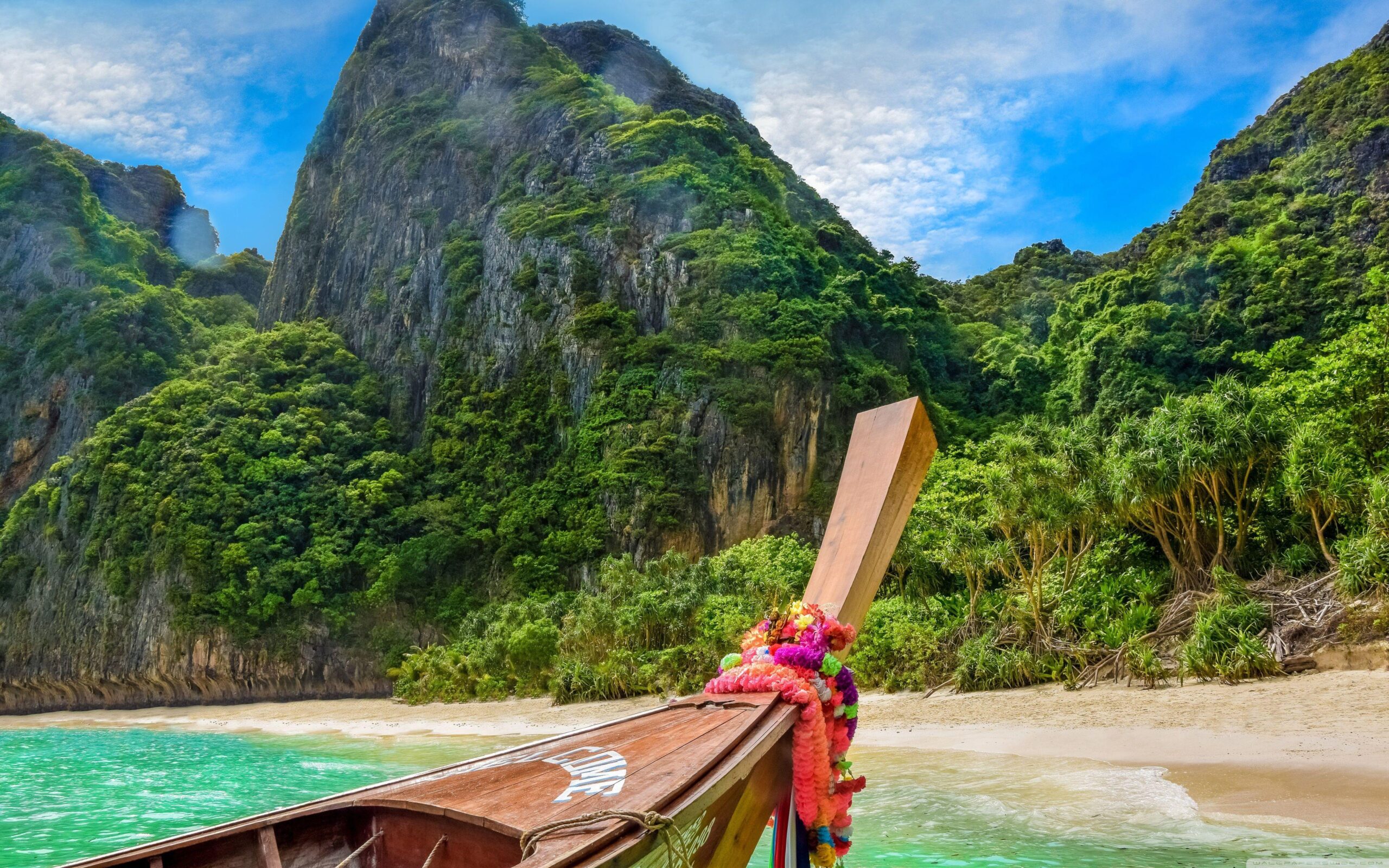 Traditional long-tail boat on turquoise water approaching a secluded beach in Southeast Asia, brimming with vibrant nature and captivating cliffs.