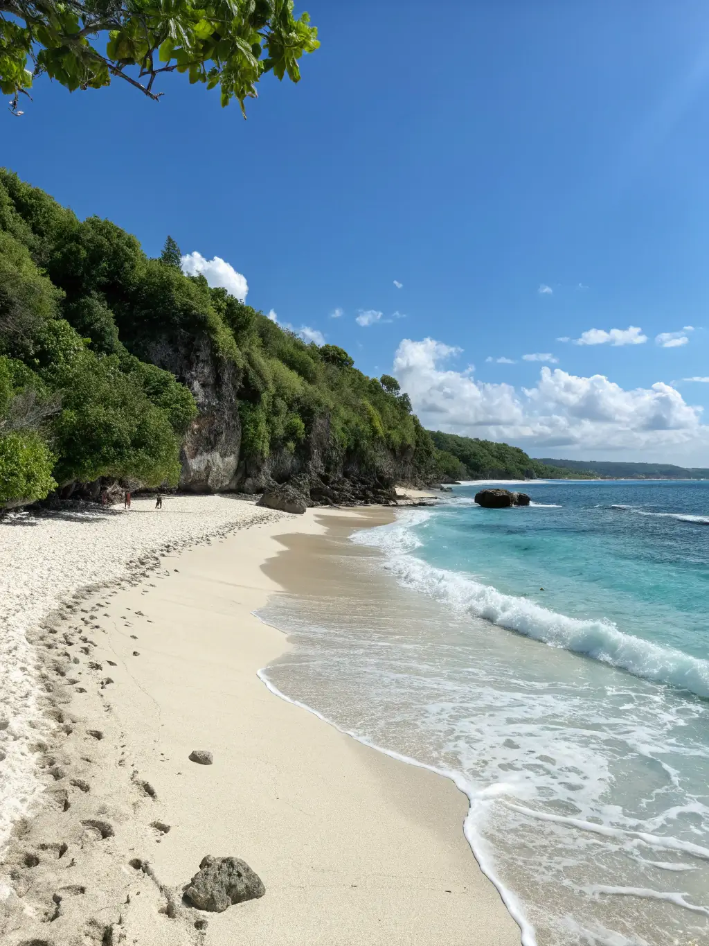 A serene image of a beach in Bali, Indonesia, with clear turquoise waters, lush greenery, and traditional Balinese architecture.