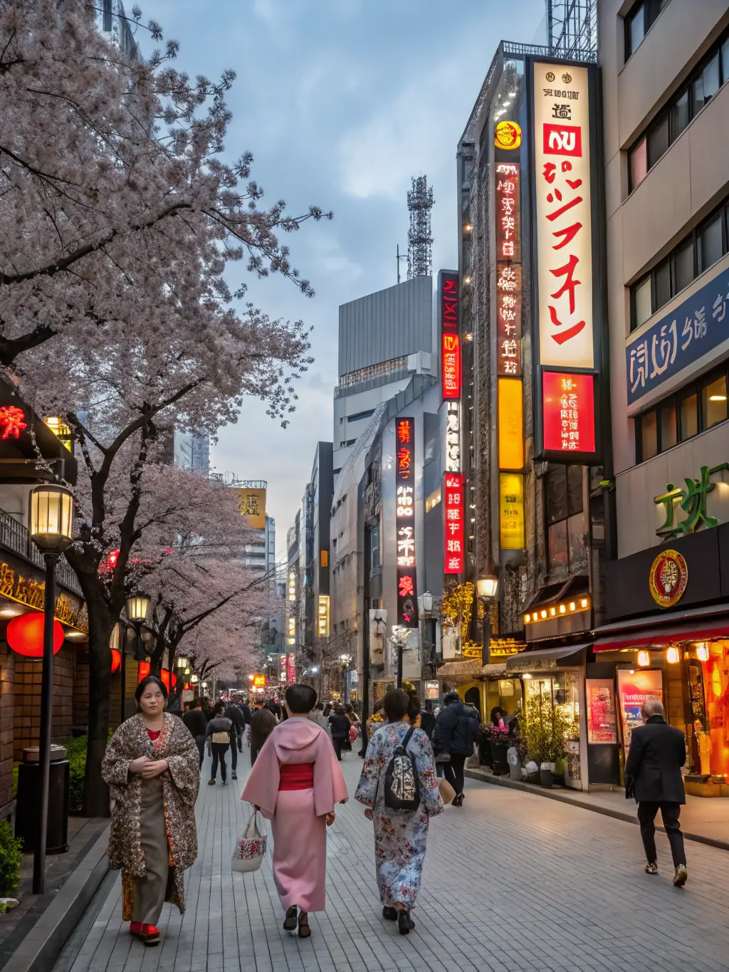 A bustling street scene in Tokyo, Japan, filled with neon lights, modern architecture, and people enjoying the vibrant nightlife.