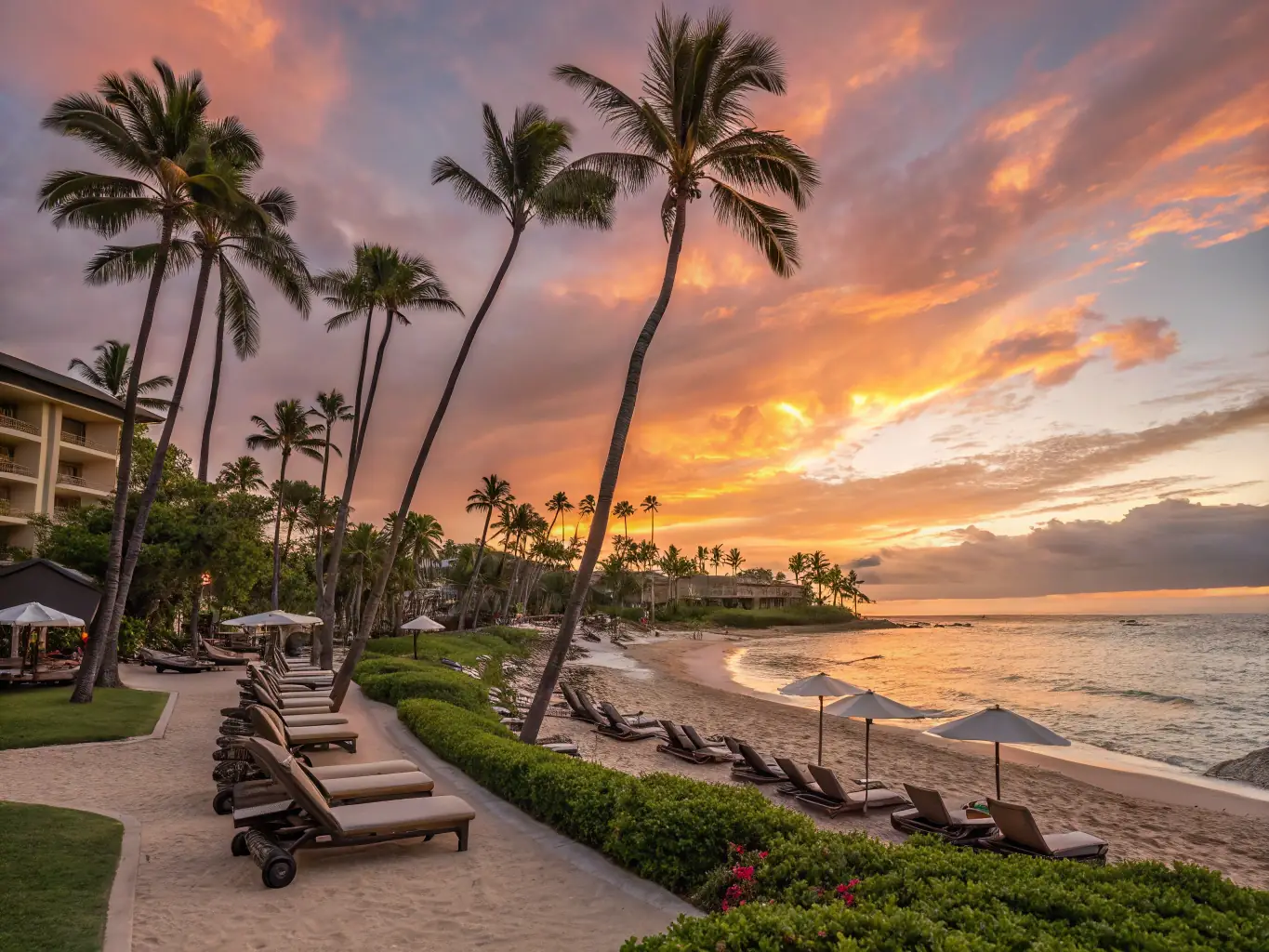 A serene image of a beachfront resort at sunset, showcasing its luxurious amenities and inviting atmosphere, perfect for a relaxing vacation.
