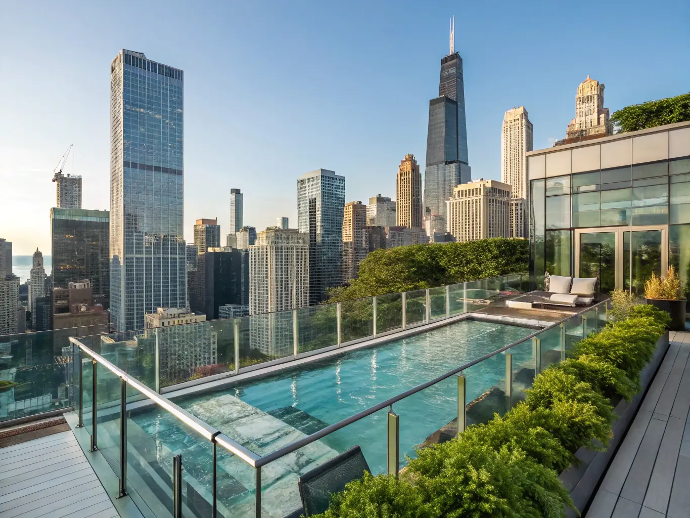 A modern image of a sleek city hotel with panoramic views, emphasizing its convenient location and contemporary design, suitable for business or leisure travelers.