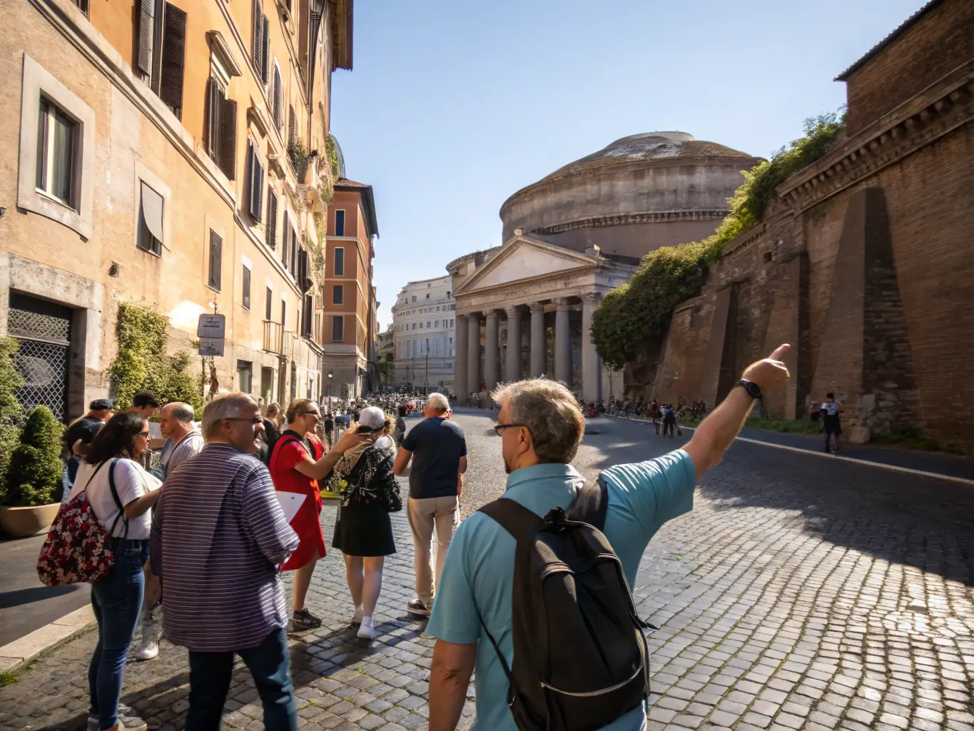 A vibrant image showcasing a guided walking tour through the ancient ruins of Rome, Italy, with tourists admiring the Colosseum in the background.