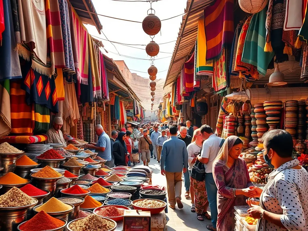 An image capturing the vibrant colors and bustling atmosphere of a traditional Moroccan souk in Marrakech, Morocco, with vendors selling spices, textiles, and handicrafts.