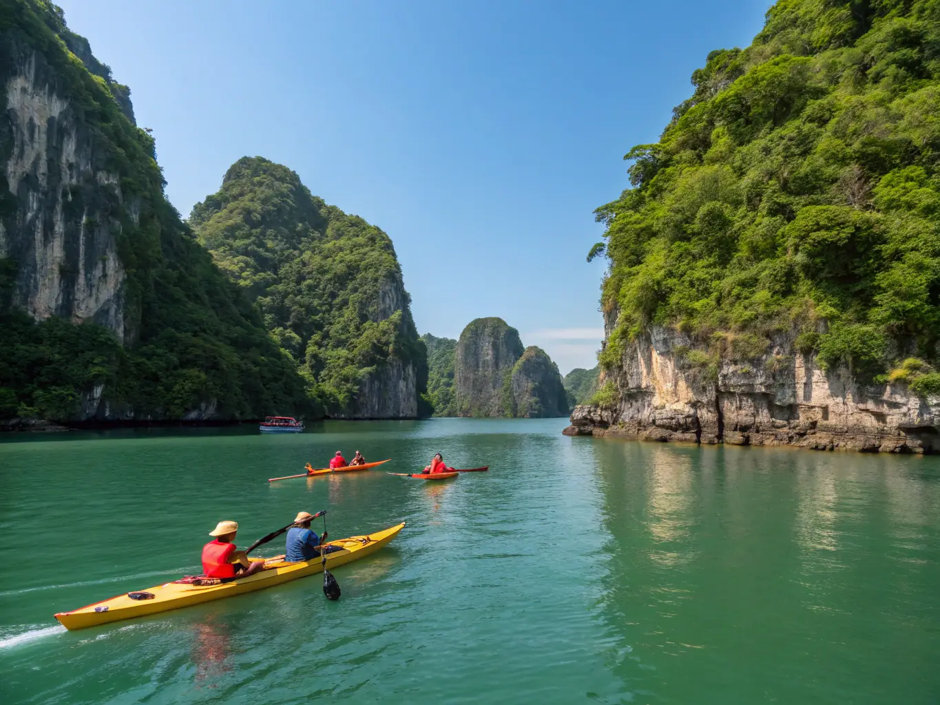 A stunning photograph of a group kayaking through the crystal-clear waters of Halong Bay, Vietnam, surrounded by towering limestone karsts.